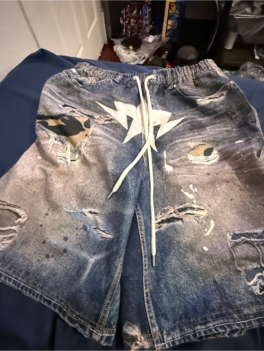 Men's Distressed Blue Denim Jean Shorts with Drawstring Waist Bape Jean shorts